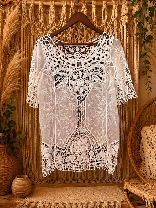 Ricki's Tops - Vintage Boho Ivory Crochet Lace Tunic Top Sheer Embroidered Festival